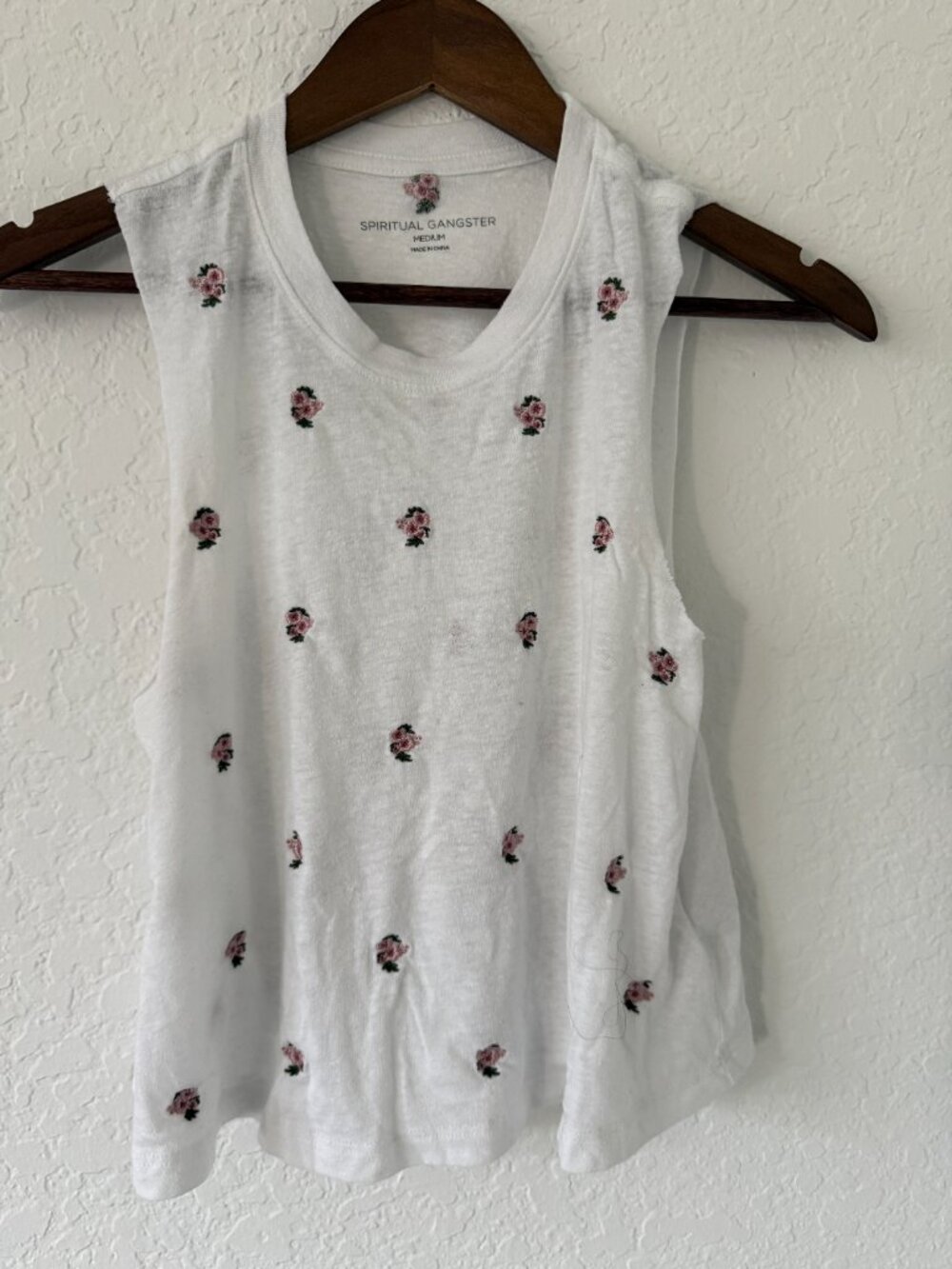 Spiritual Gangster White/Pink Embroidered Flowers Flowy Tank- M - Picture 7 of 8